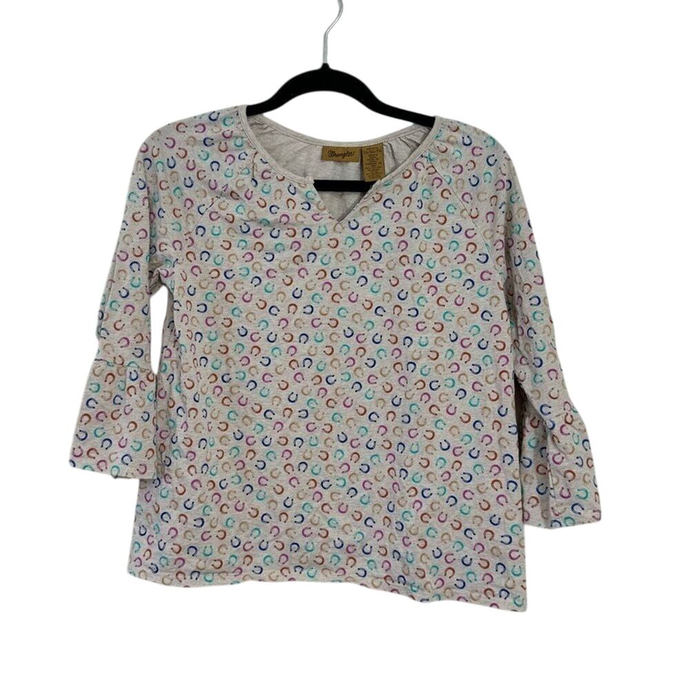 Wrangler Girls 3/4 Bell Sleeve Horse Shoe Top Cowgirl Blouse Size XL Western